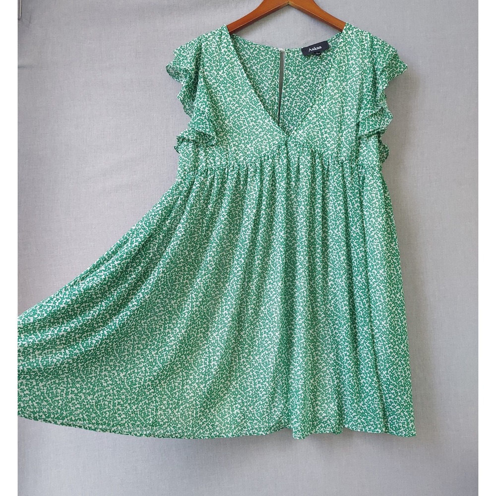 Aakaa Floral Babydoll Mini Dress Womens L Green Ruffle Sleeve Cottagecore Boho